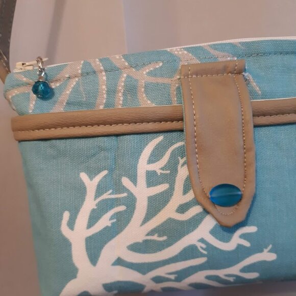 New Artsy Tree Branches Canvas & Vinyl Purse Shoulder bag Aqua Tan White coastal - Picture 2 of 11